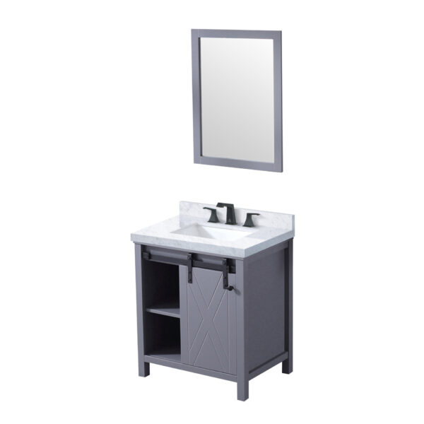 Marsyas 30W x 22D Dark Grey Bath Vanity, Carrara Marble Countertop, Faucet Set and 28Mirror