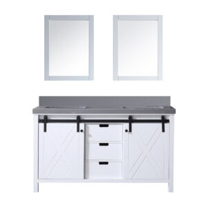 Marsyas 60W x 22D White Double Bath Vanity, Grey Quartz Countertop and 24Mirrors