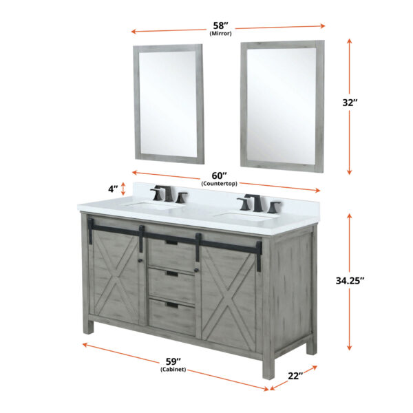 Marsyas 60W x 22D Ash Grey Double Bath Vanity and 24Mirrors