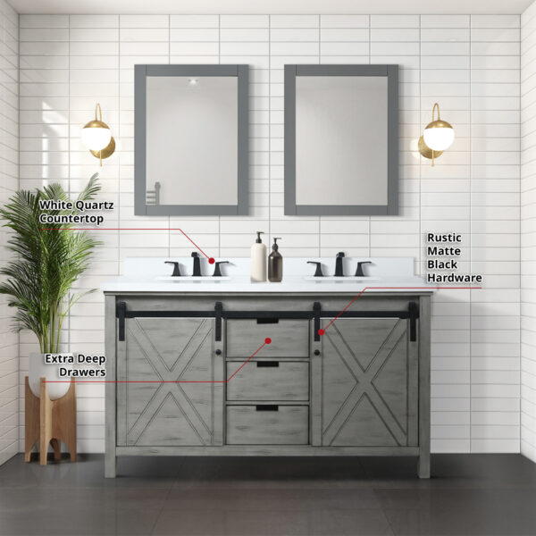 Marsyas 60W x 22D Ash Grey Double Bath Vanity and 24Mirrors