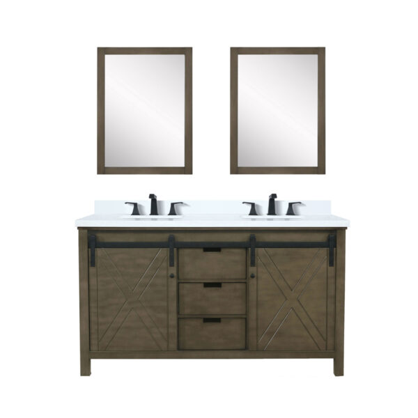 Marsyas 60W x 22D Rustic Brown Double Bath Vanity, Cultured Marble Countertop, Faucet Set and 24Mirrors