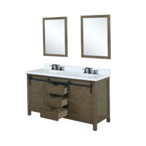 Marsyas 60W x 22D Rustic Brown Double Bath Vanity, Cultured Marble Countertop, Faucet Set and 24Mirrors