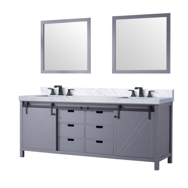 Marsyas 84W x 22D Dark Grey Double Bath Vanity, Carrara Marble Countertop, Faucet Set and 34Mirrors