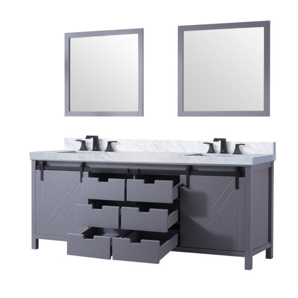 Marsyas 84W x 22D Dark Grey Double Bath Vanity, Carrara Marble Countertop, Faucet Set and 34Mirrors