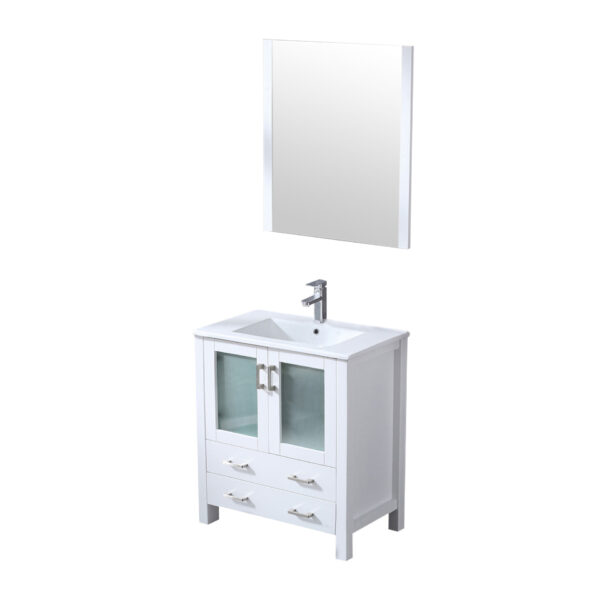 Volez 30W x 18.25D White Bath Vanity, White Ceramic Top, Faucet Set, and 28Mirror