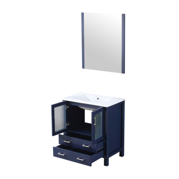 Volez 30W x 18.25D Navy Blue Bath Vanity, White Ceramic Top, and 28Mirror