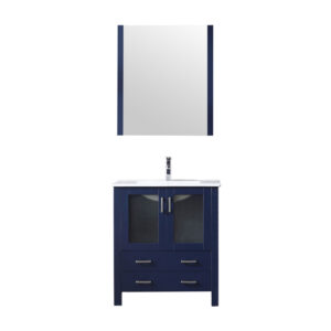 Volez 30W x 18.25D Navy Blue Bath Vanity, White Ceramic Top, Faucet Set, and 28Mirror