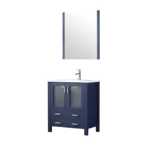 Volez 30W x 18.25D Navy Blue Bath Vanity, White Ceramic Top, Faucet Set, and 28Mirror