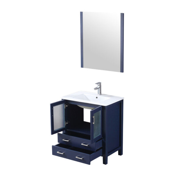 Volez 30W x 18.25D Navy Blue Bath Vanity, White Ceramic Top, Faucet Set, and 28Mirror