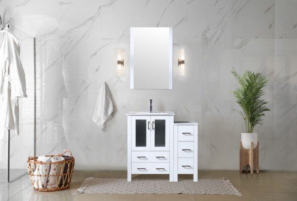 Volez 36W x 18.25D White Single Bath Vanity with Side Cabinet, and White Ceramic Top