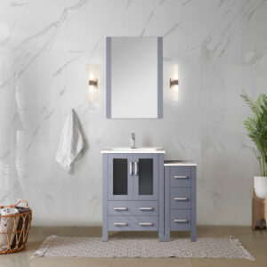 Volez 36W x 18.25D Dark Grey Single Bath Vanity with Side Cabinet, and White Ceramic Top