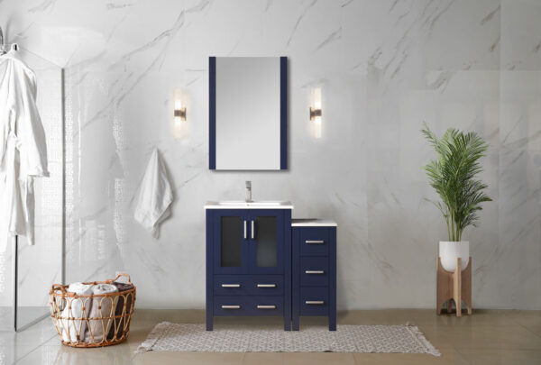 Volez 36W x 18.25D Navy Blue Single Bath Vanity with Side Cabinet, and White Ceramic Top