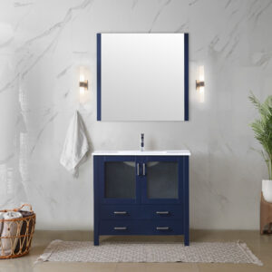 Volez 36W x 18.25D Navy Blue Bath Vanity and White Ceramic Top