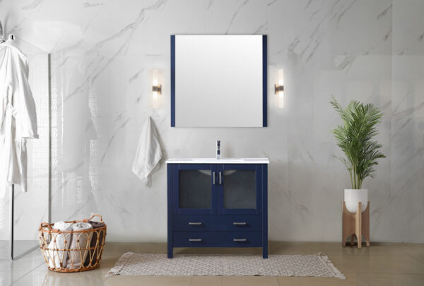 Volez 36W x 18.25D Navy Blue Bath Vanity and White Ceramic Top