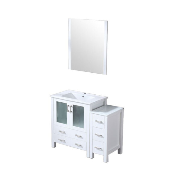 Volez 42W x 18.25D White Bath Vanity with Side Cabinet, White Ceramic Top, and 28Mirror