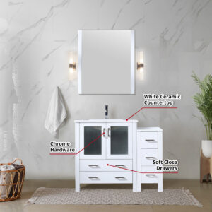 Volez 42W x 18.25D White Single Bath Vanity with Side Cabinet, and White Ceramic Top