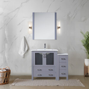 Volez 42W x 18.25D Dark Grey Single Bath Vanity with Side Cabinet, and White Ceramic Top