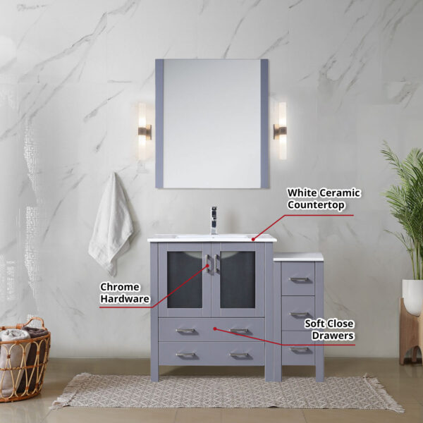 Volez 42W x 18.25D Dark Grey Single Bath Vanity with Side Cabinet, and White Ceramic Top