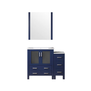 Volez 42W x 18.25D Navy Blue Bath Vanity with Side Cabinet, White Ceramic Top, and 28Mirror