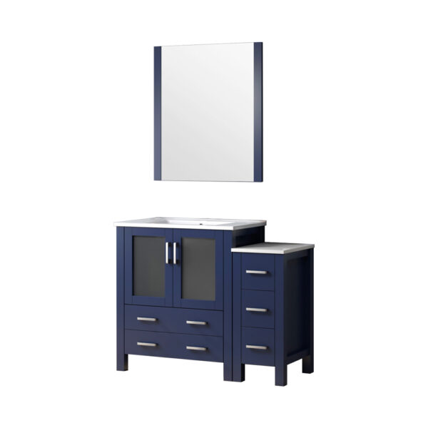 Volez 42W x 18.25D Navy Blue Bath Vanity with Side Cabinet, White Ceramic Top, and 28Mirror