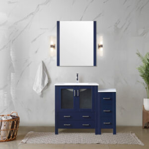 Volez 42W x 18.25D Navy Blue Single Bath Vanity with Side Cabinet, and White Ceramic Top