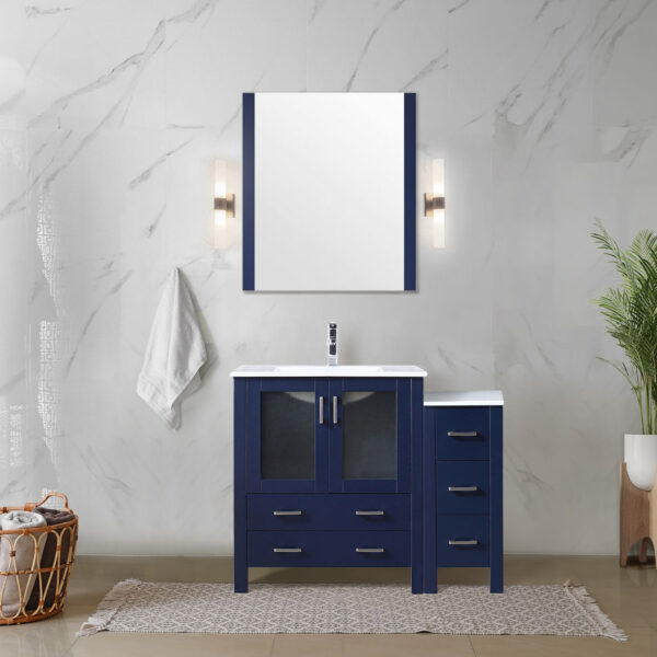 Volez 42W x 18.25D Navy Blue Single Bath Vanity with Side Cabinet, and White Ceramic Top