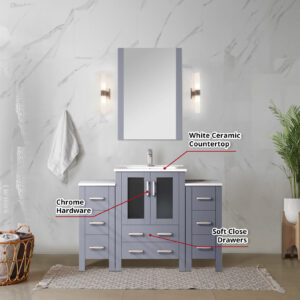 Volez 48W x 18.25D Dark Grey Single Bath Vanity with Side Cabinet, and White Ceramic Top