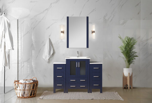 Volez 48W x 18.25D Navy Blue Single Bath Vanity with Side Cabinet, and White Ceramic Top