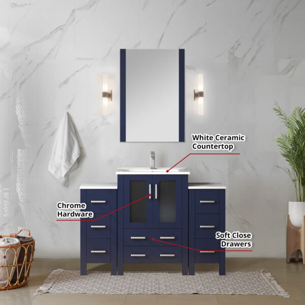 Volez 48W x 18.25D Navy Blue Single Bath Vanity with Side Cabinet, and White Ceramic Top