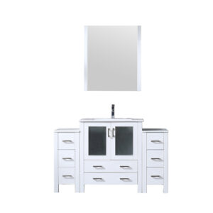 Volez 54W x 18.25D White Bath Vanity with Side Cabinets, Faucet Set, White Ceramic Top, and 28Mirror