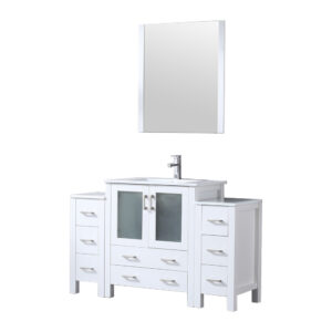 Volez 54W x 18.25D White Bath Vanity with Side Cabinets, Faucet Set, White Ceramic Top, and 28Mirror