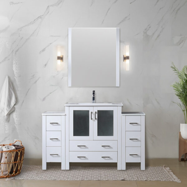 Volez 54W x 18.25D White Single Bath Vanity with Side Cabinets, and White Ceramic Top