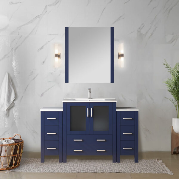 Volez 54W x 18.25D Navy Blue Single Bath Vanity with Side Cabinets, and White Ceramic Top