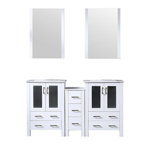 Volez 60W x 18.25D White Double Bath Vanity with Side Cabinet, White Ceramic Top, and 22Mirrors