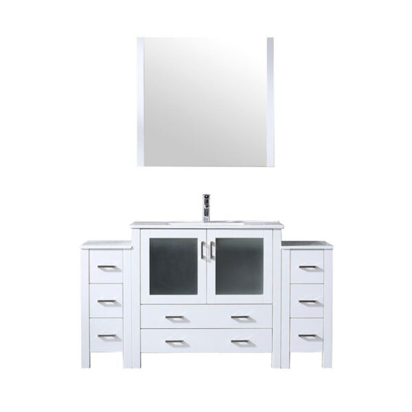 Volez 60W x 18.25D White Bath Vanity with Side Cabinets, Faucet Set, White Ceramic Top, and 34Mirror