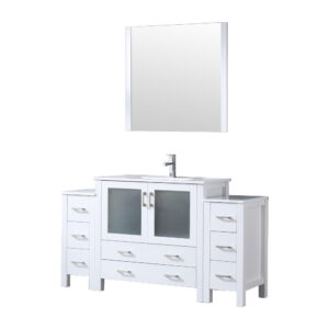 Volez 60W x 18.25D White Bath Vanity with Side Cabinets, Faucet Set, White Ceramic Top, and 34Mirror