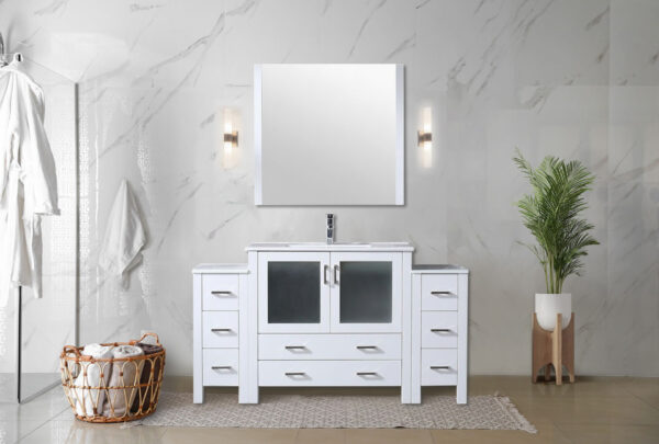 Volez 60W x 18.25D White Double Bath Vanity with Side Cabinets, and White Ceramic Top