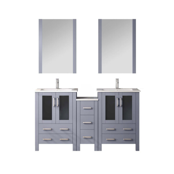 Volez 60W Dark Grey Double Bath Vanity with Side Cabinet, Faucet Set, White Ceramic Top, and 22Mirrors