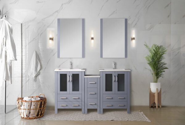 Volez 60W x 18.25D Dark Grey Double Bath Vanity with Side Cabinets, and White Ceramic Top