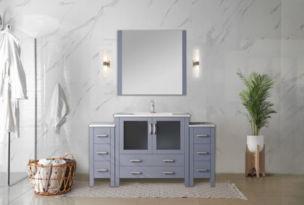 Volez 60W x 18.25D Dark Grey Bath Vanity with Side Cabinets, Faucet Set, White Ceramic Top, and 34Mirror