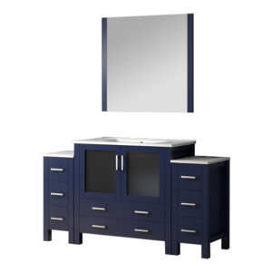 Volez 60W x 18.25D Navy Blue Bath Vanity with Side Cabinets, White Ceramic Top, and 34Mirror