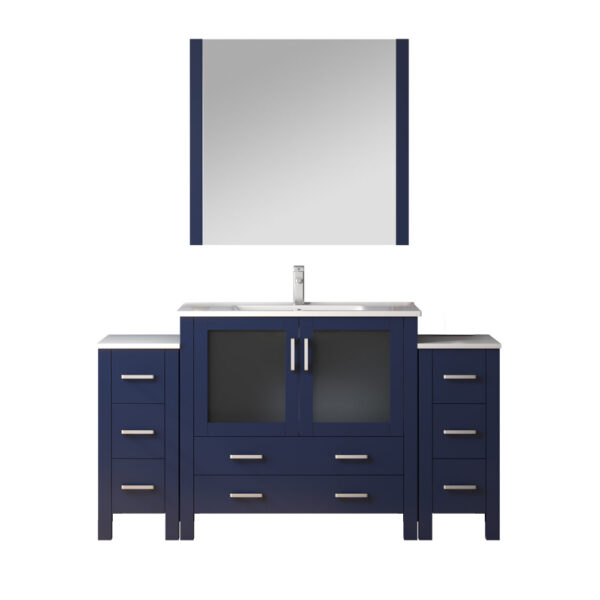 Volez 60W x 18.25D Navy Blue Bath Vanity with Side Cabinets, Faucet Set, White Ceramic Top, and 34Mirror