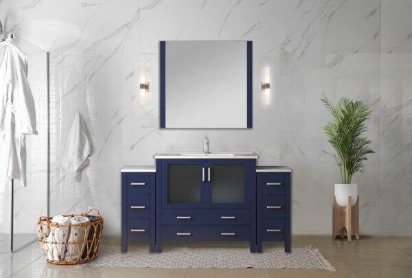 Volez 60W x 18.25D Navy Blue Double Bath Vanity with Side Cabinets, and White Ceramic Top