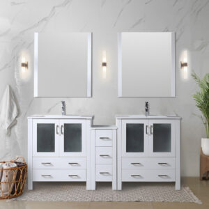 Volez 72W x 18.25D White Double Bath Vanity with Side Cabinet, and White Ceramic Top