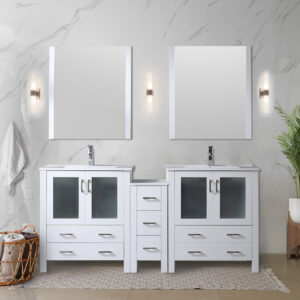 Volez 72W x 18.25D White Double Bath Vanity with Side Cabinet, and White Ceramic Top