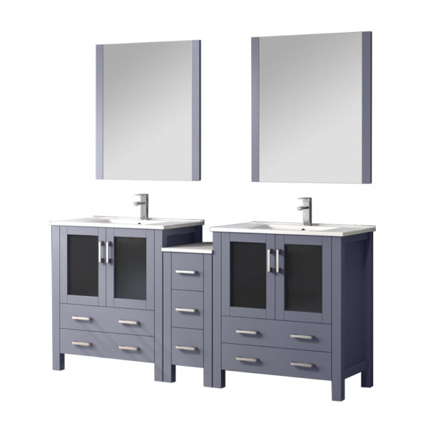 Volez 72W Dark Grey Double Bath Vanity with Side Cabinets, Faucet Set, White Ceramic Top, and 28Mirrors