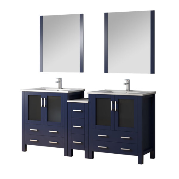 Volez 72W Navy Blue Double Bath Vanity with Side Cabinets, Faucet Set, White Ceramic Top, and 28Mirrors