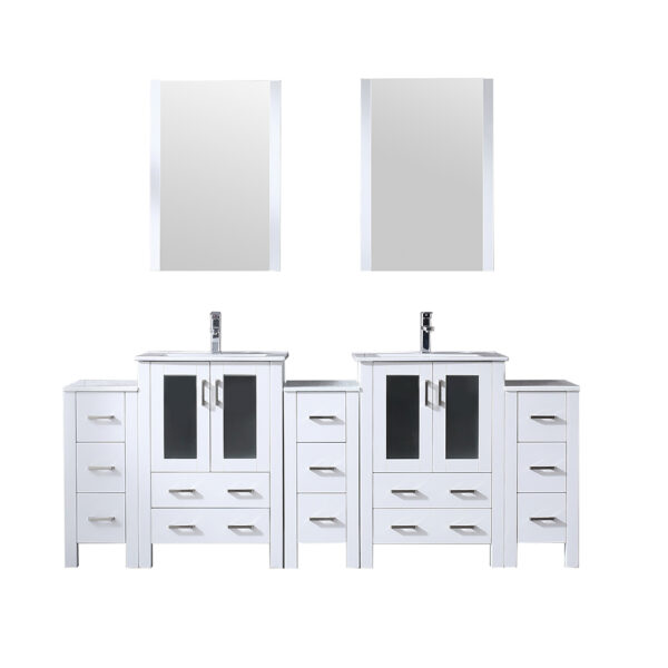 Volez 84W x 18.25D White Double Bath Vanity with Side Cabinets, Faucet Set, White Ceramic Top, and 22Mirrors