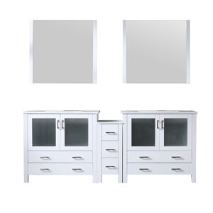 Volez 84W x 18.25D White Double Bath Vanity with Side Cabinet, White Ceramic Top, and 34Mirrors