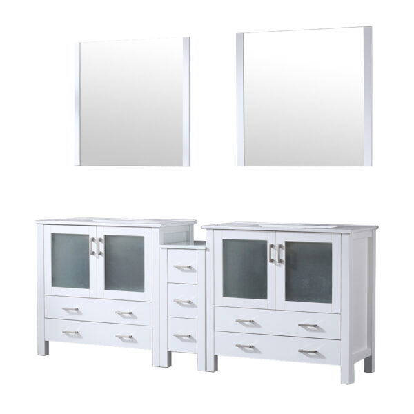 Volez 84W x 18.25D White Double Bath Vanity with Side Cabinet, White Ceramic Top, and 34Mirrors